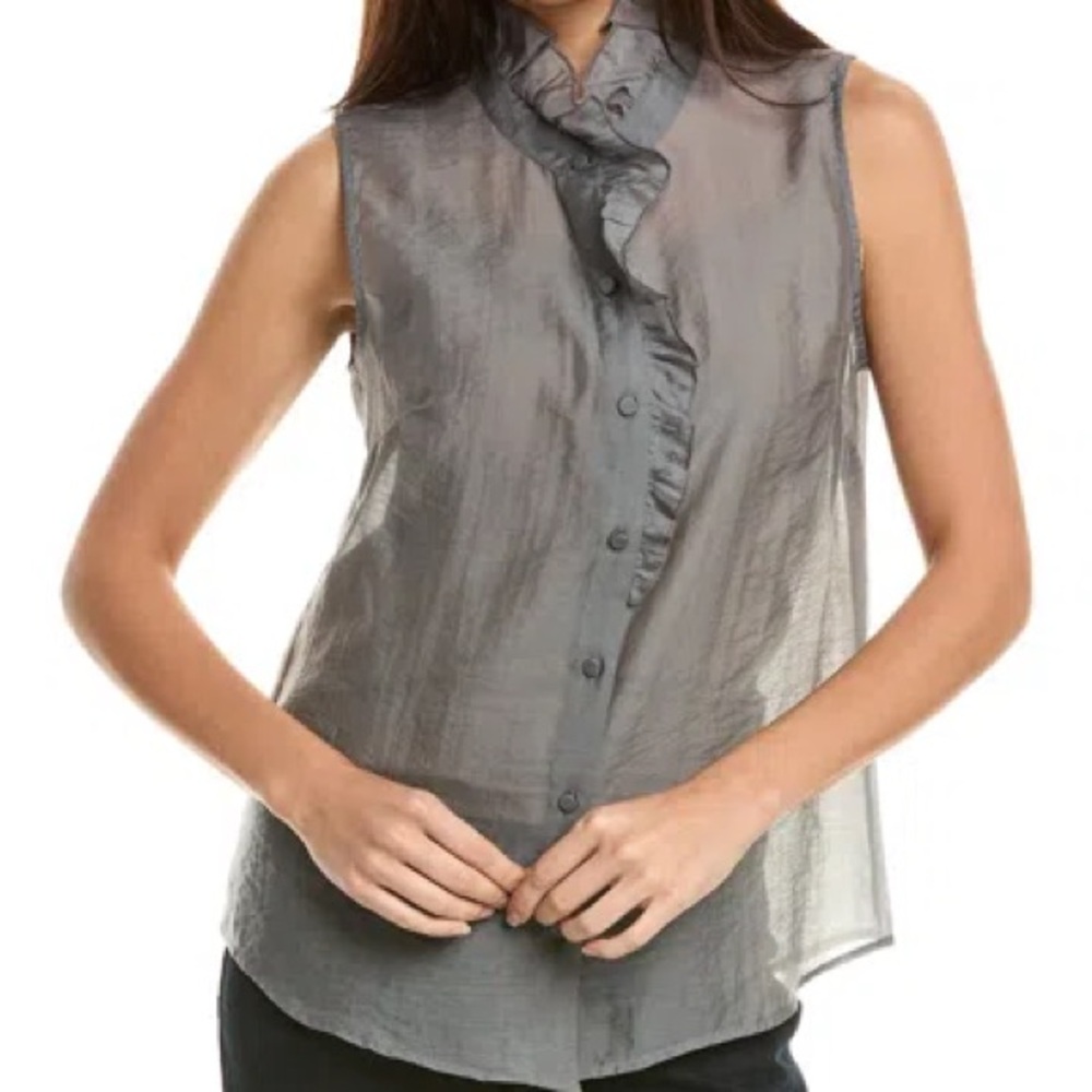 CAbi Coin Silver Sleeveless Ruffled Blouse with Mandarin Collar Size XLarge
